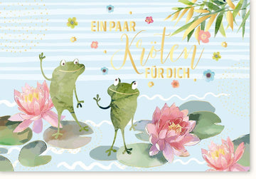 Geburtstagskarte Geldgeschenk Doppelkarte: Fröhliche Frosch - und - Seerosen Illustration, Farbenfrohe Glückwunschkarte mit Blumen Design, Kreative Gratulationskarte für Feier und Festlichkeit, Originelle Geschenkkarte mit Frohsinn