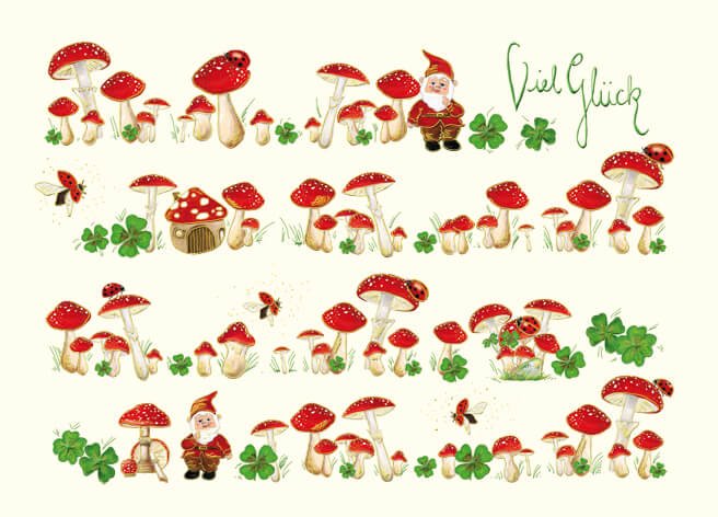 Geburtstagskarte Glücksbringer – Waldmagie mit Pilzen, Kleeblättern & Marienkäfer, Wichtel Illustration in Rot Grün Weiß, Folklore Natur Motiv