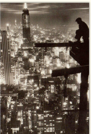 Geburtstagskarte / Glückwunschkarte - Elegante Doppelkarte Blankokarte "New York City Skyline bei Nacht" - Schwarz - Weiß NY Nightlights, Gebäude & Hochhäuser Silhouette, Urbane Metropolen - Architektur mit Lichtern, Ideal für Liebhaber urbaner Aussichten