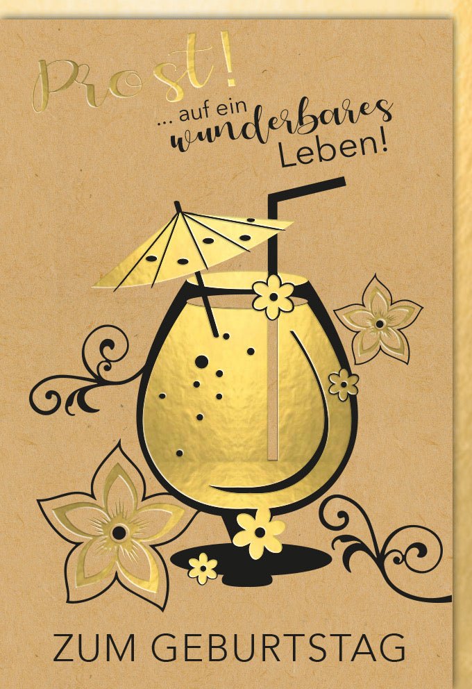 Geburtstagskarte & Glückwunschkarte - Elegante Doppelkarte mit Blumendekor und Goldakzenten, Stilvoller Toast mit Champagnerglas, Cheers zum Jubiläum und Festlichkeiten, Edler Geburtstagsgruß für eine unvergessliche Lebensfeier