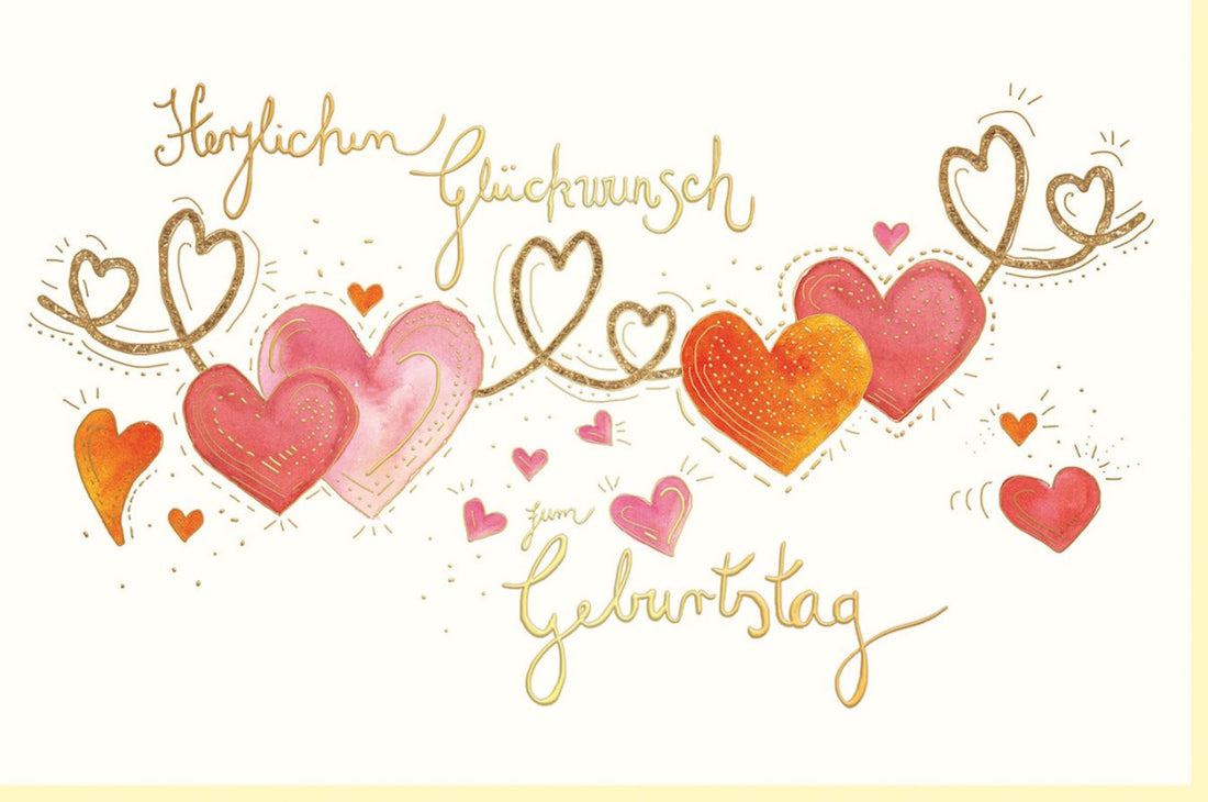 Geburtstagskarte & Glückwunschkarte für Partner: Romantische Doppelkarte mit Herzlichen Glückwunsch, Herzen in Blindprägung & Goldfolie auf Naturkarton, Liebevolles Jubiläumsgeschenk für Ehefrau, Ehemann oder Partnerin – Orange Design