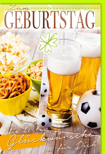 Geburtstagskarte Glückwunschkarte Geburtstag mit Bier Fußball Brezeln Popcorn und Schriftzug die besten Glückwünsche für Dich farbenfrohes Design ideal zum Verschenken mit Umschlag