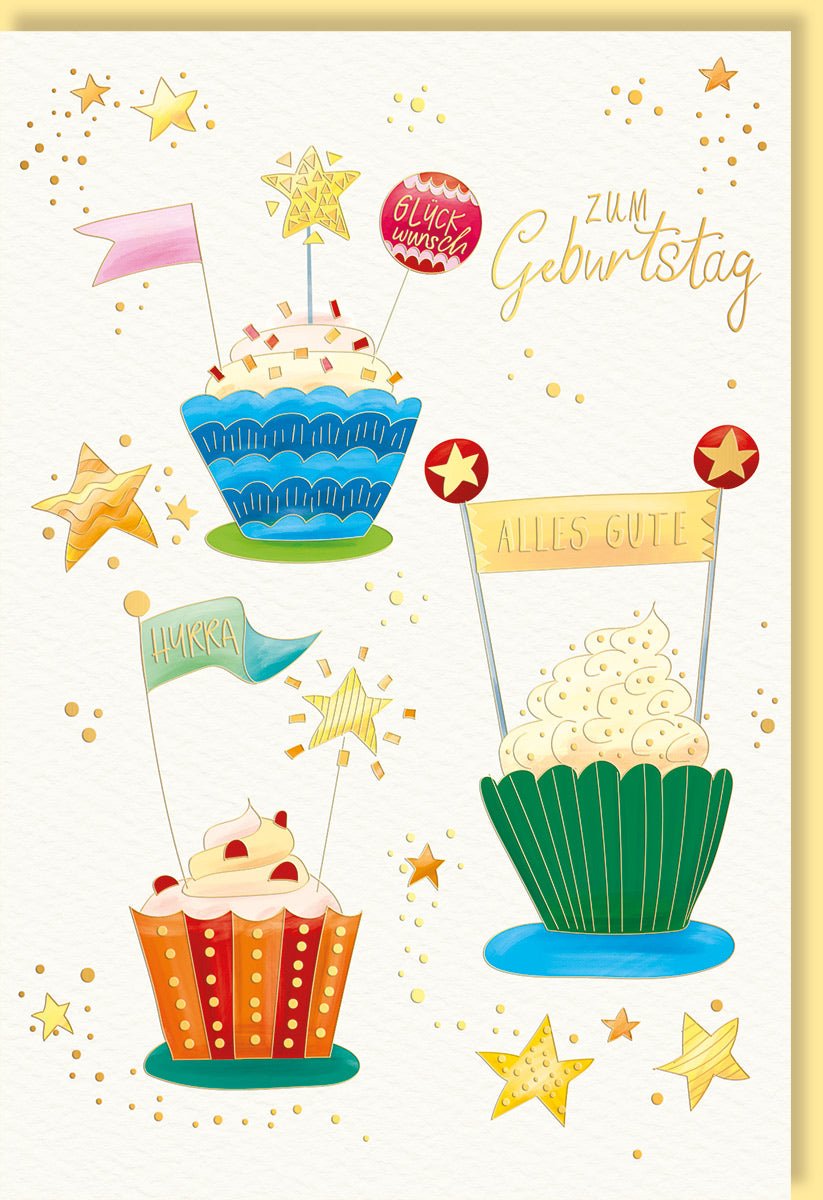 Geburtstagskarte Glückwunschkarte Geburtstag mit bunten Cupcakes Sternen und Schriftzug Alles Gute Zum Geburtstag ideal für Geburtstagsgrüße und Feiern mit Umschlag