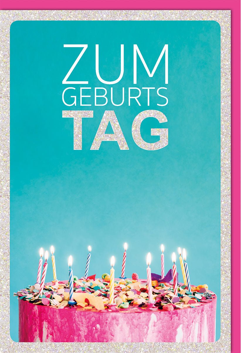 Geburtstagskarte Glückwunschkarte Geburtstag mit bunter Torte Kerzen Glitzerrahmen und Schriftzug Zum Geburtstag Tag ideal für Geburtstagsgrüße mit Umschlag