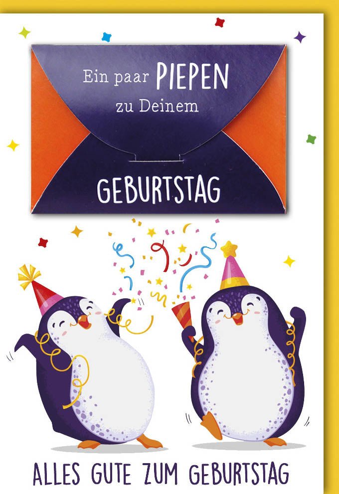 Geburtstagskarte Glückwunschkarte Geburtstag mit lustigen Pinguinen und Konfetti Text Ein paar Piepen zu Deinem Geburtstag farbenfrohes Design für Kinder und Erwachsene mit Umschlag