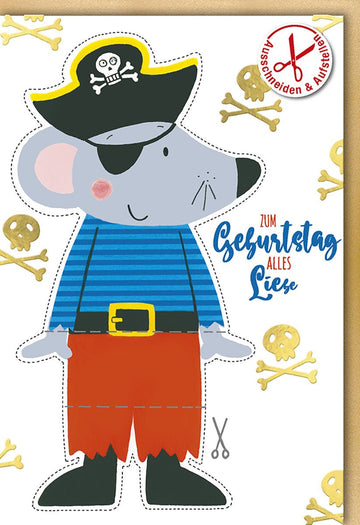 Geburtstagskarte Glückwunschkarte Geburtstag mit Piratenmotiv Maus in Piratenkostüm Totenköpfe und Knochen zum Ausschneiden und Aufstellen für Kinder mit Umschlag