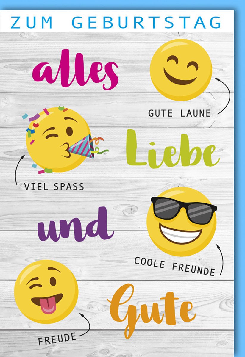 Geburtstagskarte Glückwunschkarte Geburtstag mit Umschlag alles Liebe und Gute Smiley Emoji Motive gute Laune viel Spaß coole Freunde Freude bunte Farben Holzoptik mit Umschlag