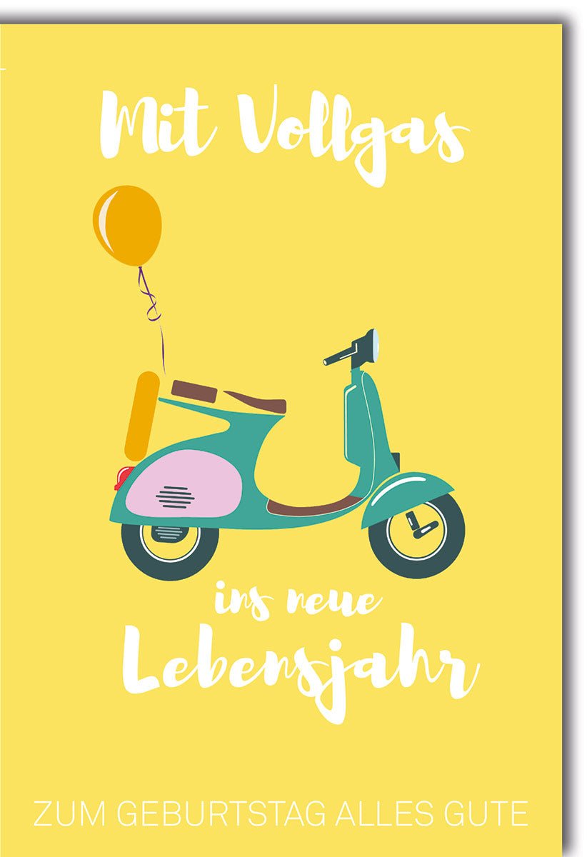 Geburtstagskarte Glückwunschkarte Geburtstag Mit Vollgas ins neue Lebensjahr Motiv Vespa Roller mit Luftballon gelber Hintergrund Text Zum Geburtstag alles Gute mit Umschlag