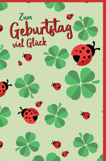 Geburtstagskarte - Glückwunschkarte mit Kleeblättern und Marienkäfer Design, Doppelkarte als Glücksbringer, Herzliche Geburtstagsgrüße für Freunde und Familie