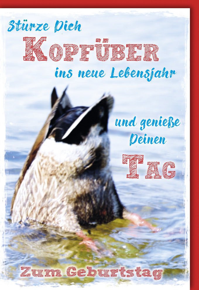 Geburtstagskarte - Glückwunschkarte zum Geburtstag "Kopfüber ins neue Lebensjahr" - Genieße jeden Sturz, Tag am Meer mit Hund, Spaß & Freude - Ideal für Jubiläum & Festlichkeiten