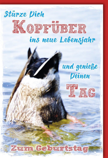 Geburtstagskarte - Glückwunschkarte zum Geburtstag "Kopfüber ins neue Lebensjahr" - Genieße jeden Sturz, Tag am Meer mit Hund, Spaß & Freude - Ideal für Jubiläum & Festlichkeiten