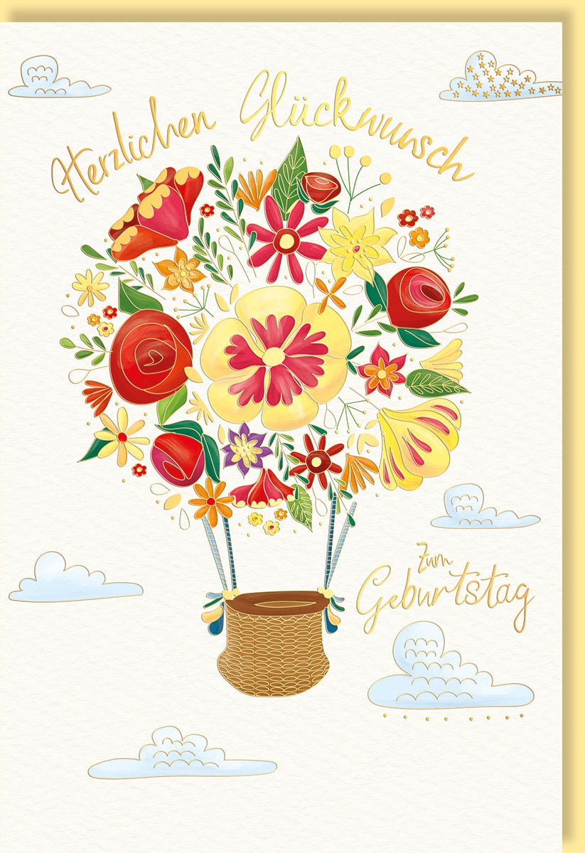 Geburtstagskarte Glückwunschkarte zum Geburtstag mit farbenfrohem Blumenstrauß in Heißluftballon Design und Wolkenmotiv auf hochwertigem Papier mit Umschlag