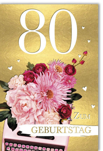 Geburtstagskarte Glückwunschkarten Geburtstag 80 Jahre mit Blumenstrauß und goldener Hintergrund Vintage Design mit Umschlag