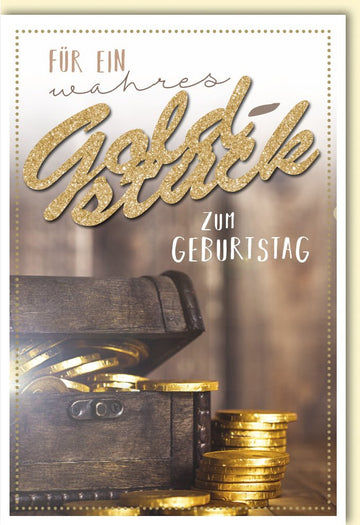 Geburtstagskarte "Goldener Moment" - Elegante Glückwunsch Doppelkarte mit Schatztruhe, Glitter & Goldschatz Motiv, Festliche Gratulationskarte mit Sparkle Schriftzug