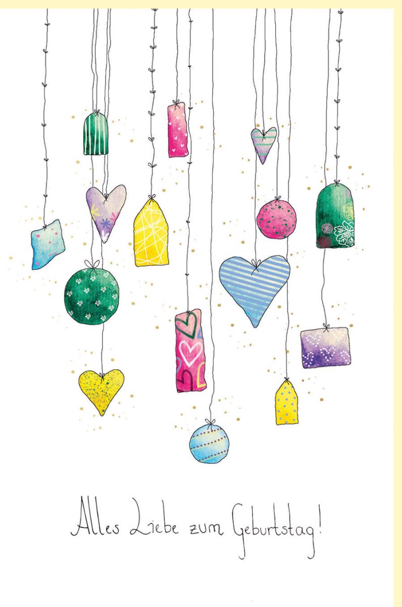 Geburtstagskarte - Handgefertigte Glückwunschkarte mit Bunten Anhängern, Naturkarton & Goldfolie, Herz - Ballon Motiv, Blindprägung - Elegantes Unikat für Jubiläum & Feier