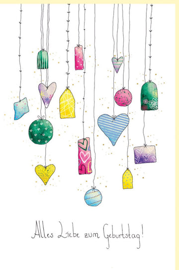 Geburtstagskarte - Handgefertigte Glückwunschkarte mit Bunten Anhängern, Naturkarton & Goldfolie, Herz - Ballon Motiv, Blindprägung - Elegantes Unikat für Jubiläum & Feier