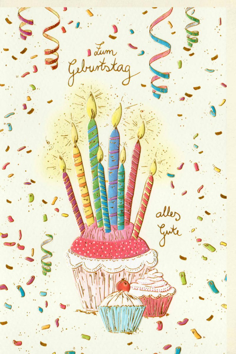 Geburtstagskarte - Handgezeichnete Doppelkarte mit Geburtstagstorte, Kerzen & Konfetti, Bunte Glückwunschkarte für Party & Feier, Gruß & Gratulation
