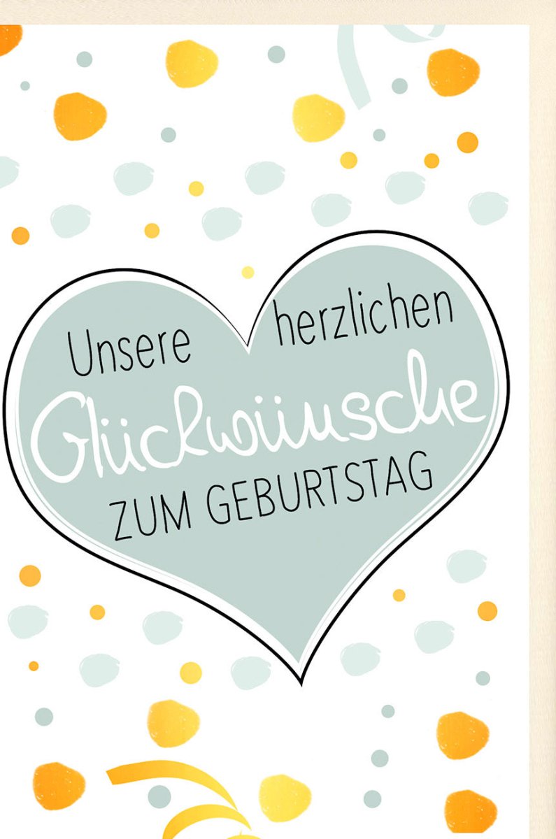 Geburtstagskarte - Herzliche Glückwunsch Doppelkarte mit Buntem Konfetti & Herz Design, Moderne Schrift