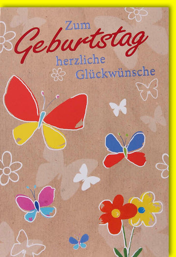 Geburtstagskarte – Herzliche Glückwunsch Doppelkarte mit bunten Blumen & Schmetterlingen, Festliche Gratulationskarte für Geburtstage