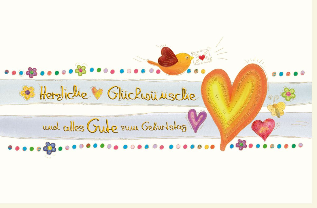 Geburtstagskarte - Herzliche Glückwunschkarte mit Vogel - und Blumenmotiven, Farbenfrohe Doppelkarte für Liebe & Gratulation, Liebevolle Geburtstagsglückwünsche, Herz & Natur Design