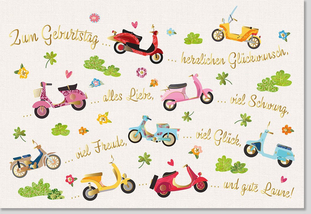 Geburtstagskarte - Herzlichen Glückwunsch Roller, Bunte Doppelkarte mit Liebe & Schwung, Festliche Gratulation