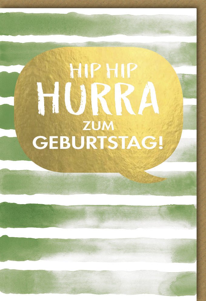 Geburtstagskarte "HipHipHurra" - Moderne Glückwunschkarte in Grün & Gold mit Sprechblasen - Design, Festliche Gratulations - Doppelkarte für Geburtstage