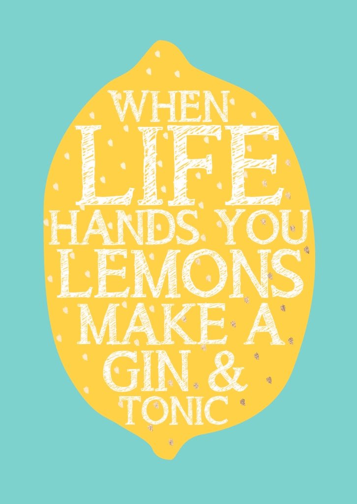 Geburtstagskarte Humor - Gin & Tonic Zitronen Lebensweisheit, Motivations - Postkarte in Hellblau/Gelb mit Typografie