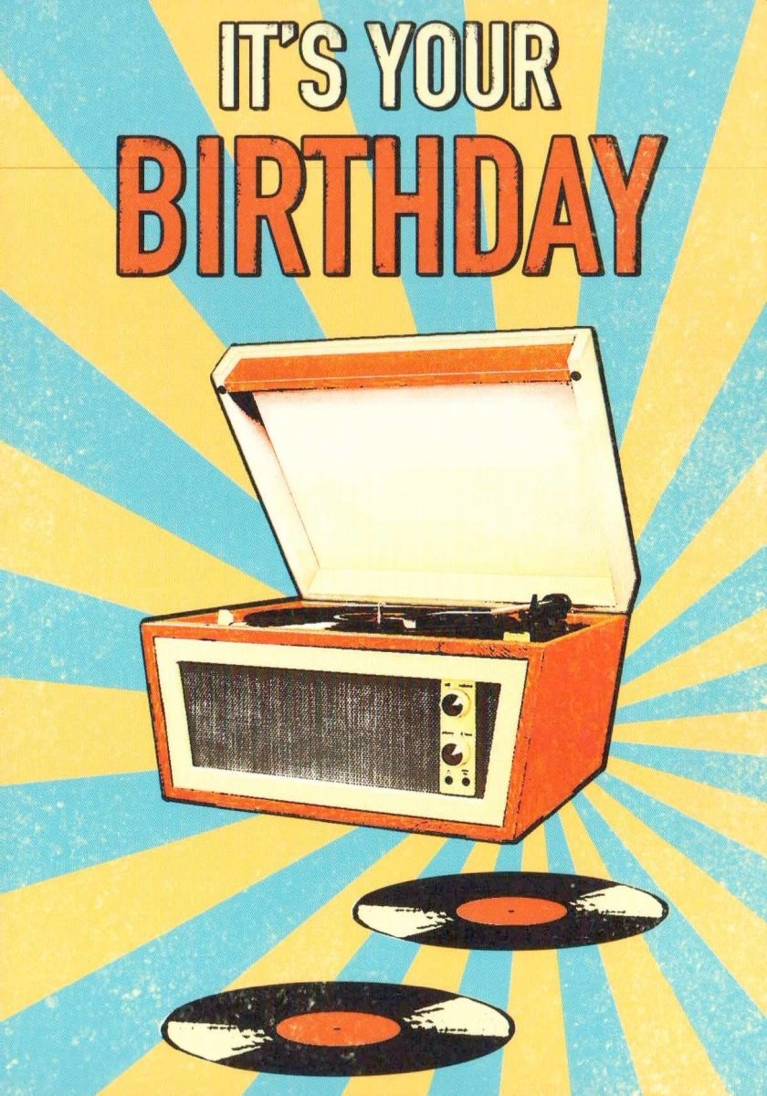 Geburtstagskarte im Retro - Stil - Schallplatte & Plattenspieler Motiv | Vintage Musik - Themed Glückwunschkarte | Farbenfrohe Vinyl Party Illustration | Nostalgische Happy Birthday Grußkarte mit Fun Design | Ideal als Geschenk & Feier Accessoire
