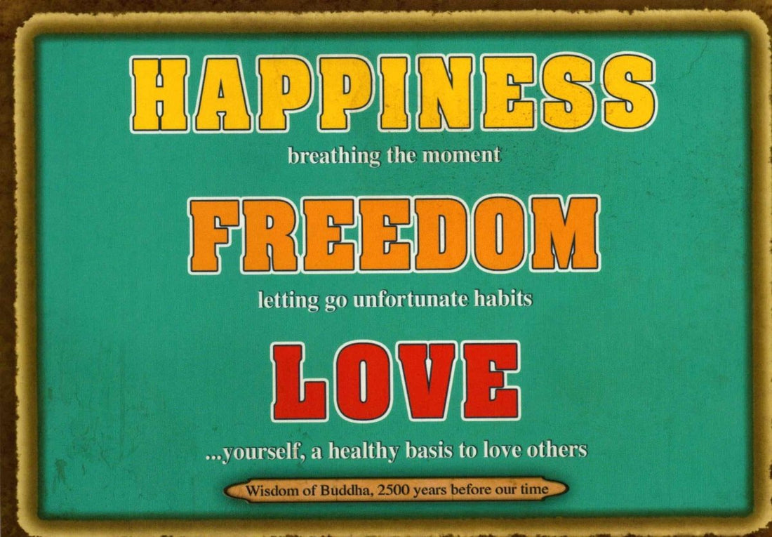 Geburtstagskarte – Inspirierende Buddha - Zitate über Glück & Liebe, Retro Vintage Design in Gelb, Grün & Braun, Englische Weisheit & Spiritualität, Motivierende Postkarte