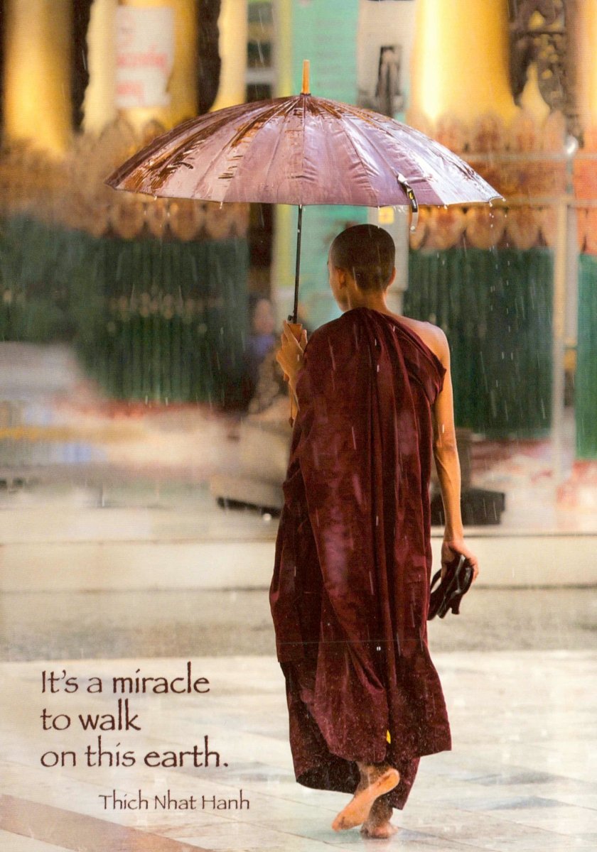 Geburtstagskarte – Inspirierender Mönch mit Schirm im Regen, Weisheitszitat aus Burma, Spirituelle Friedensbotschaft