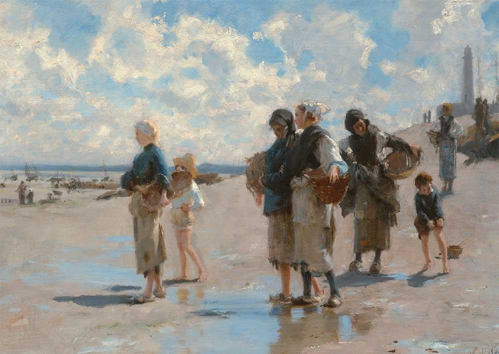 Geburtstagskarte - John Singer Sargent "Austernsammler in Cancale" Kunstpostkarte, Impressionistische Strandmalerei mit Figuren, Meer und Himmel