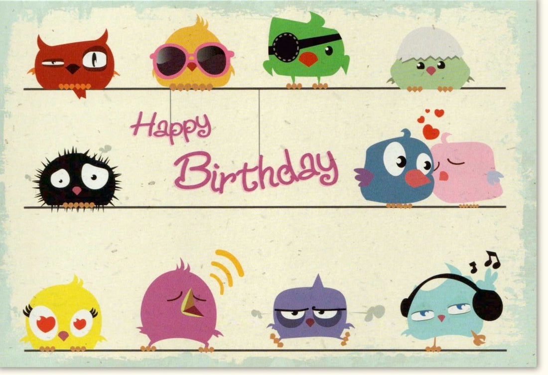Geburtstagskarte Kinder: Farbenfrohe Vögel Happy Birthday Doppelkarte - Niedliche Cartoon - Einladung mit Musik & Vogel - Design, Lustige Grußkarte für Kindergeburtstag, Feierlichkeit & Spaß - Witzige Geburtstagseinladung mit Illustration