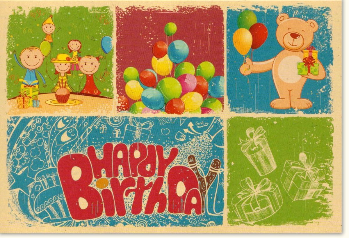 Geburtstagskarte Kinder - Fröhliche Happy Birthday Doppelkarte mit Bunten Ballons, Teddybär & Geschenken - Lustige Grußkarte für Kindergeburtstag, Party - Luftballons Design, Cartoon - Stil für Spaß & Freude
