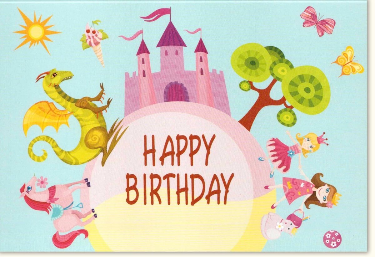 Geburtstagskarte Kinder - Magische Märchen - Doppelkarte mit Drache, Pferd & Schloss, Sonne, Eiscreme, Schmetterling, Baum - Bunte Happy Birthday Einladung mit Fantasie - Cartoon - Illustrationen für Kindergeburtstag und Feierlichkeiten