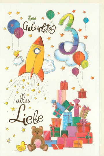 Geburtstagskarte Kindergeburtstag - 3 Jahre Glückwünsche, Bunte Rakete & Ballons, Teddy Illustration, Party Deko