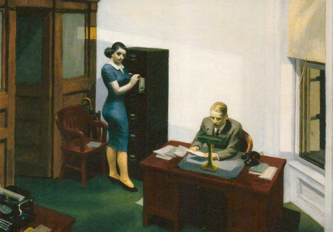 Geburtstagskarte Kunstliebhaber - Edward Hopper Büro Nacht Kunstkarte, Vintage Retro Amerikanische Kunst 1940er, Blanko Postkarten Set, Klassische Büroszene mit Sekretärin, Schreibtisch & Schreibmaschine, Stille Einsamkeit Fenster Licht und Schatten Motiv