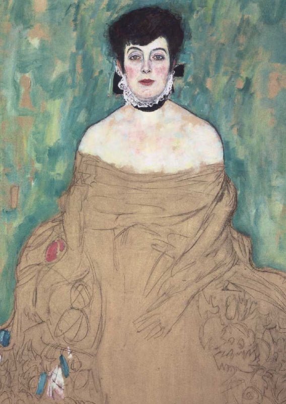 Geburtstagskarte Kunstpostkarte - Elegantes Frauenporträt, Vintage Gemälde Reproduktion in Grüntönen mit Goldakzenten & Schmuck - Details
