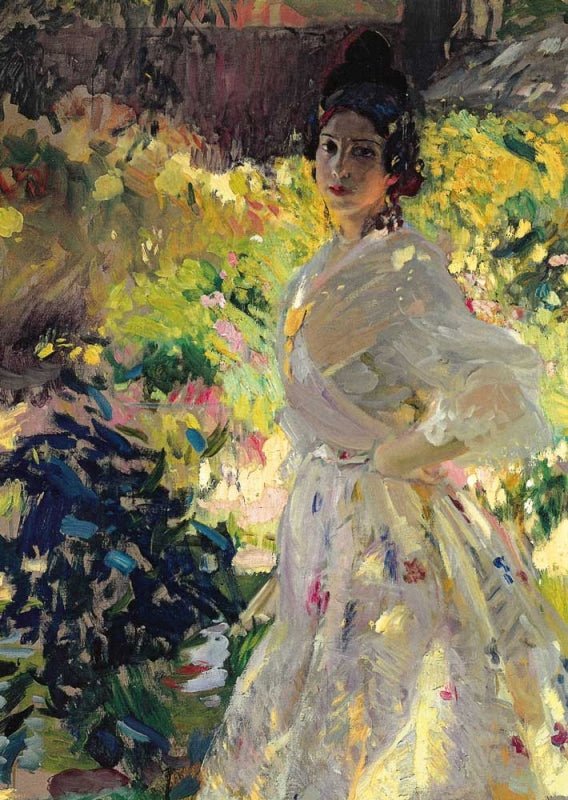 Geburtstagskarte Kunstpostkarte - Joaquin Sorolla, Impressionismus Gemälde, Elegante Frau in Blumenkleid, Farbenfrohes Licht - und Schattenspiel, Sammlerstück Vintage - Stil, Dekoratives Geschenk