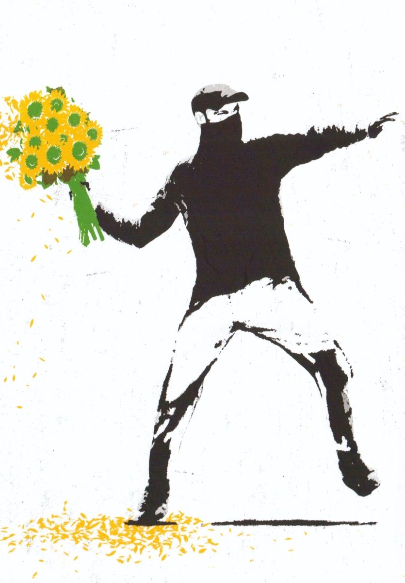 Geburtstagskarte Kunstpostkarte - Streetart Blumenwerfer im Banksy - Stil, Wandkunst für Zeitwandel & Umweltbewusstsein, Einzigartige Geschenkidee, Sammlerstück Moderne Urban Art, Inspirierende Kreativität
