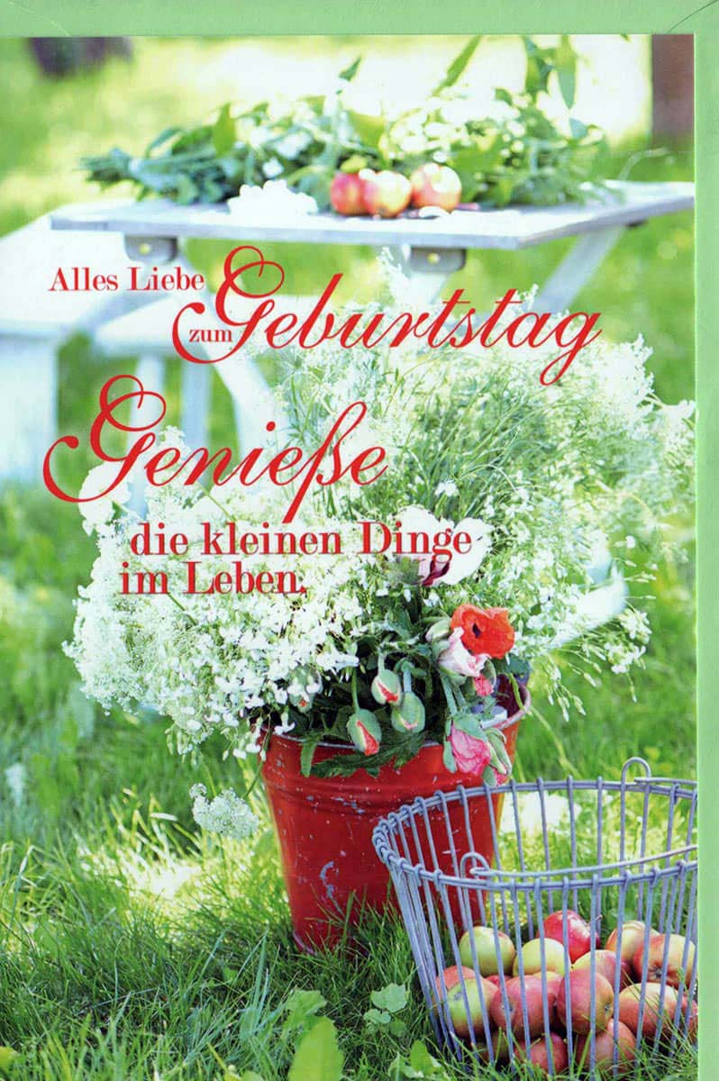 Geburtstagskarte Land Natur: Korb mit Äpfeln, roter Korb mit Blumen