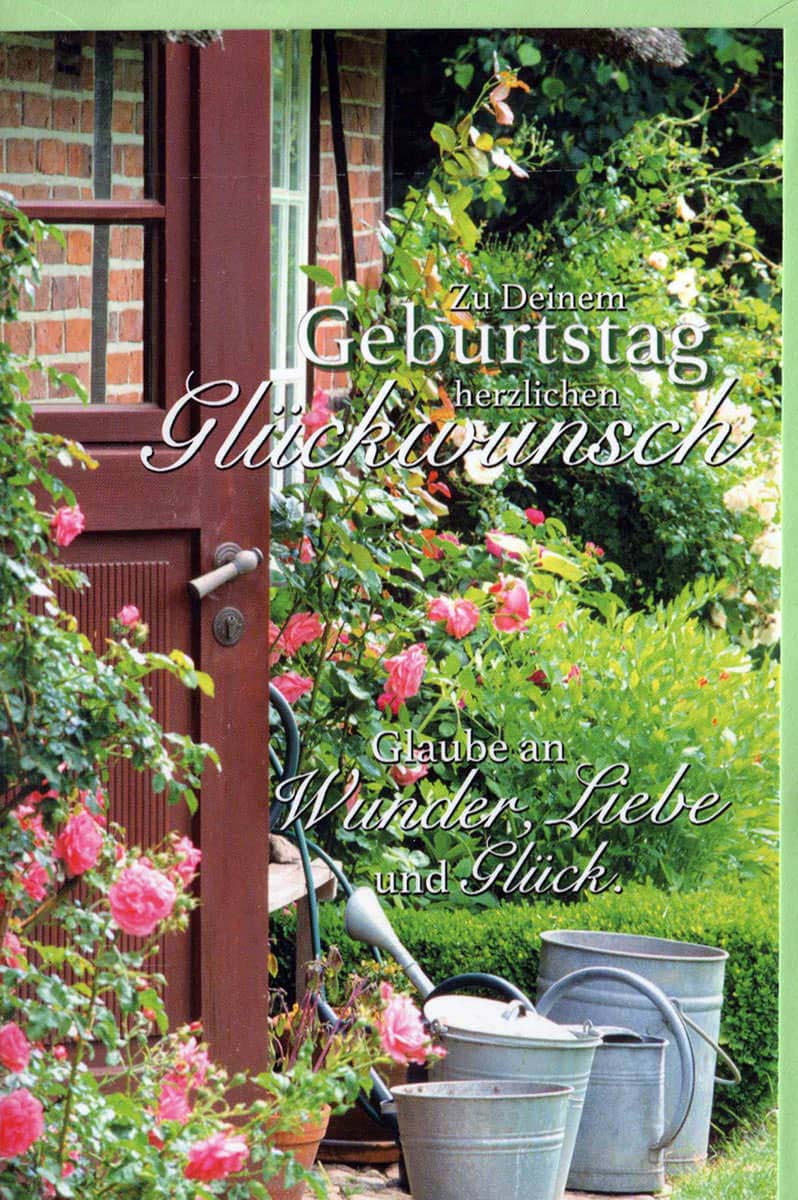 Geburtstagskarte Land Natur: Rosen, Gießkanne, Tür