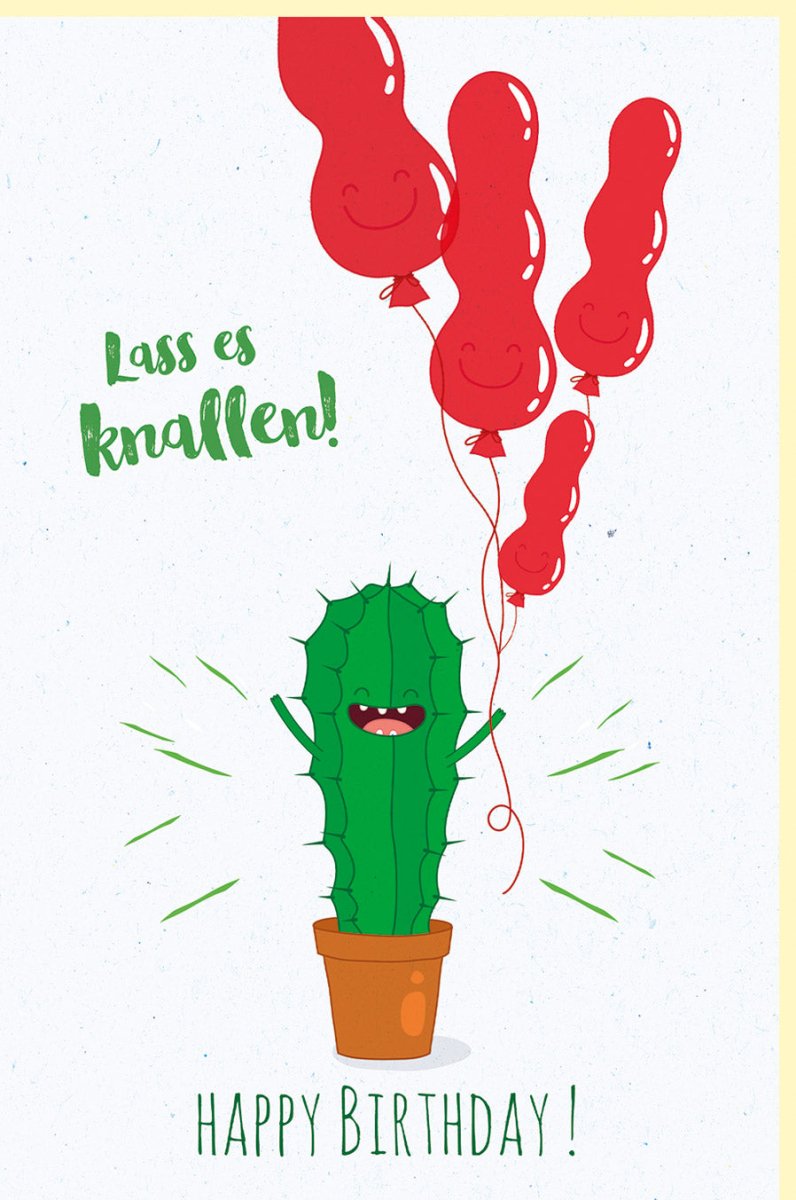 Geburtstagskarte "Lass es knallen" - Witzige Doppelkarte mit Kaktus & Luftballons, Humorvolle Glückwunsch - Karte in Grün und Rot, Spaßige Illustration für Kinder & Erwachsene, Fröhliche Party - Deko