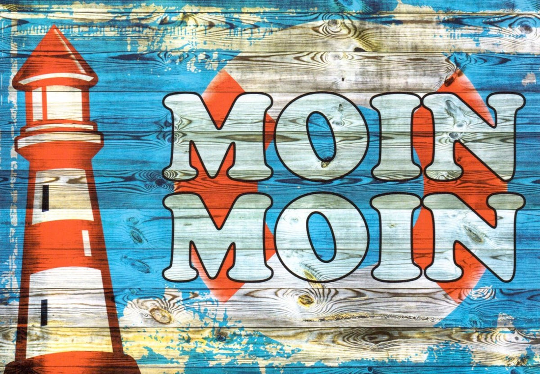 Geburtstagskarte Leuchtturm in Holzoptik - Maritime aus Norddeutschland mit Meer, Küste & Strand Motiv, "Moin" Typografie in Blau Rot Weiß, Ideal als Deko oder Geschenk, Plattdeutscher Spruch