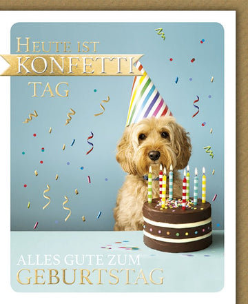 Geburtstagskarte Lustig mit Hund - Partyhut & Konfetti Design, Torte & Kerzen Motiv, Humorvolle Glückwunsch Doppelkarte für Feier & Spaß