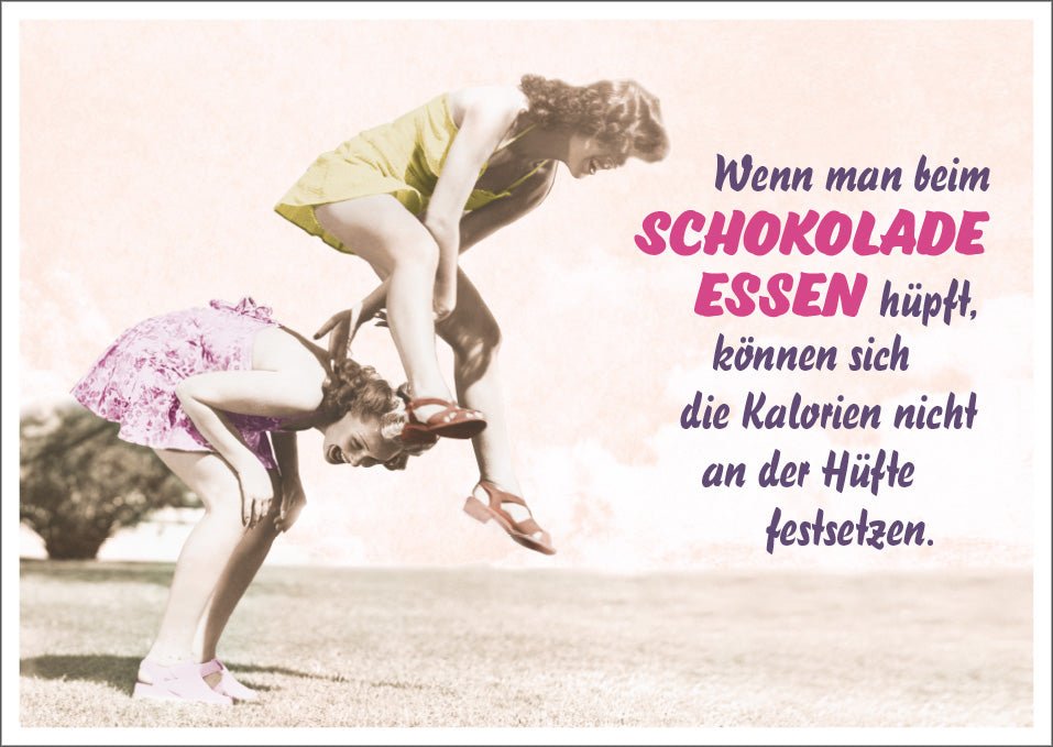 Geburtstagskarte - Lustige Postkarte mit Spruch: "Schokolade hüpft als Kalorie" - Retro Humor, Witziges Diät & Fitness Motivationsgeschenk