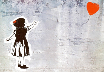 Geburtstagskarte Mädchen - "Flying Heart" Luftballon & Herz Streetart, Liebe & Freude Schweben Motiv, Träumen Blanko Kunstpostkarte, Urban Graffitikunst Wandgemälde, Kreatives Geschenk Unbeschrieben