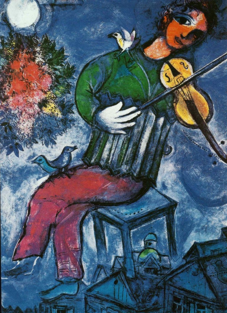 Geburtstagskarte Marc Chagall "Blauer Geiger" - Kunstpostkarte im Expressionismus - Stil, Surreale Musik Illustration, Farbenfrohes Violinist - Kunstwerk