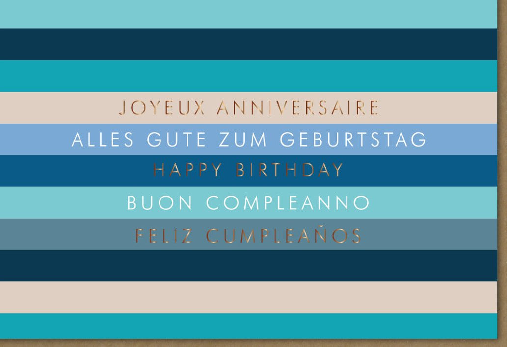 Geburtstagskarte - Mehrsprachige Internationale Glückwunschkarte mit Streifenmuster, Bunt, für Erwachsene & Jugendliche, Happy Birthday, Buon Compleanno, Joyeux Anniversaire, Feliz Cumpleaños, Alles Gute - Türkis Design