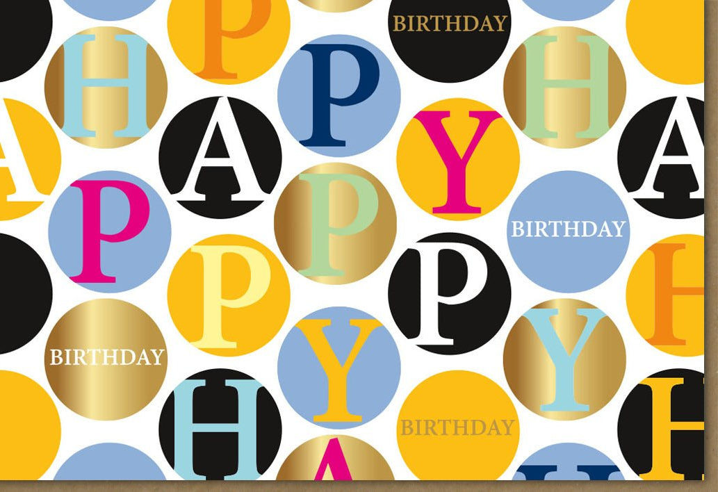 Geburtstagskarte - Midoro Moderne Glückwunschkarte mit Happy Birthday Schriftzug, Stilvolle Bunte Kugeln & Goldene Akzente, Party - Design Grußkarte für Erwachsene und Jugendliche, Gelb & Gold Feier Motiv
