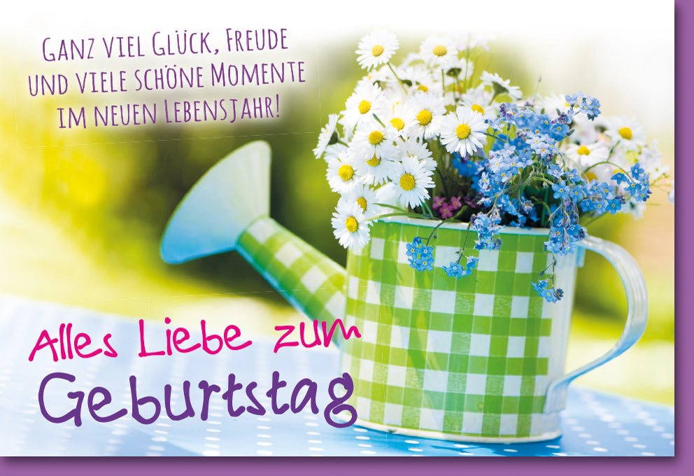 Geburtstagskarte mit Blumen & Gießkanne - Farbenfrohe Glückwunsch Doppelkarte für Freude & Schöne Momente im neuen Lebensjahr